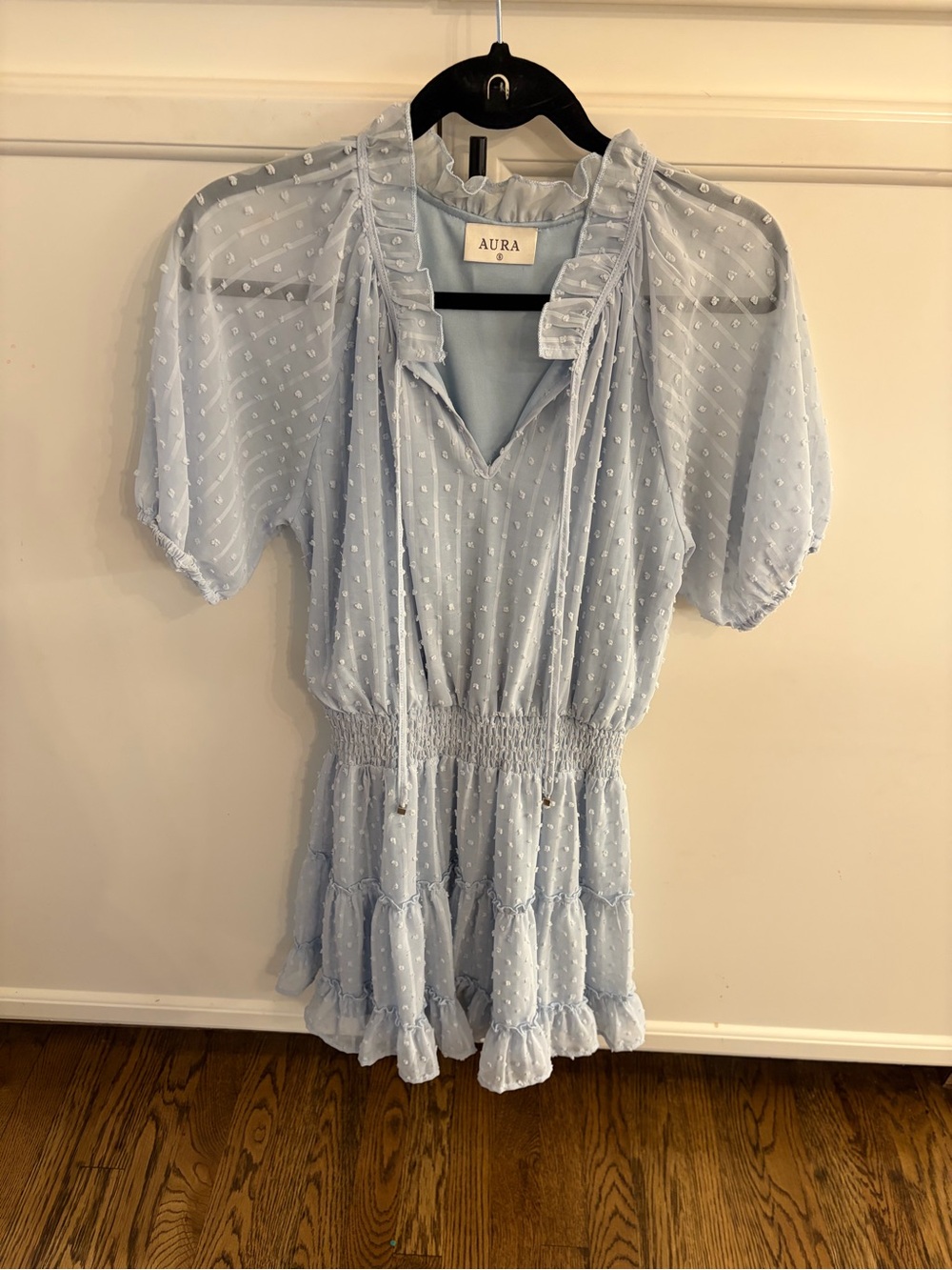 Aura Light Blue Swiss Dot Ruffle Neck Blouse